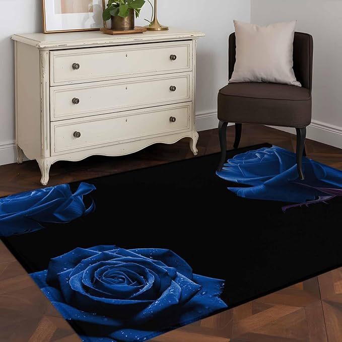 Area Rug 4x6ft, Abstract Garden Blue Rose Washable Rugs for Living Room Bedroom, Classic Country Floral Soft Non-Slip Area Rugs Rectangle Floor Carpet for Dining Room