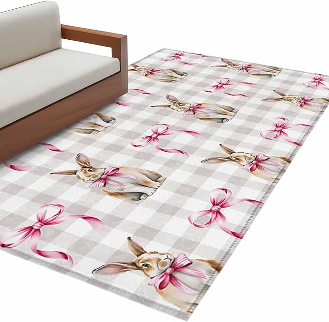 Area Rug 4x6ft, Easter Rabbit Pink Bow Washable Rugs for Living Room Bedroom, Seamless Bunny Gray Buffalo Plaid Soft Non-Slip Area Rugs Rectangle Floor Carpet for Dining Room
