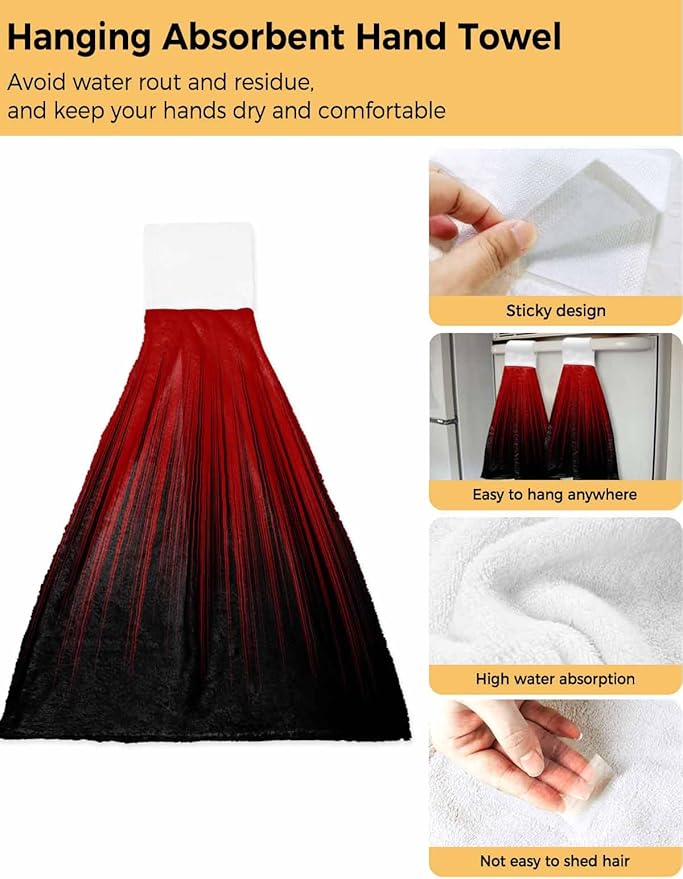 Alandar Home Kitchen Tie Towel Set of 2, Red and Black Striped Line Absorbent Soft Hand Towels for Bathroom Hanging Towels, Modern Abstract Gradient Fast Drying Cleaning Cloth with Loop