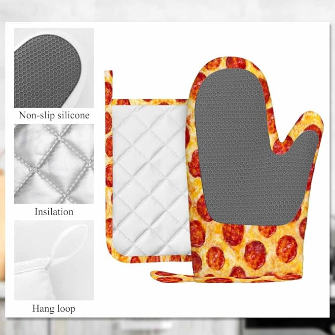 Mxocom Pepperoni Pizza Heat-Resistant Oven Mitts and Pot Holder a Seamless Food Texture Kitchen Non-Slip Cooking Microwave Gloves for Cooking Baking Grilling