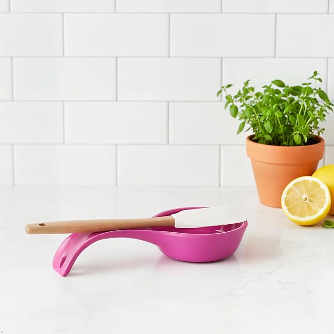 Reston Lloyd Kitchen Counter Utensil Spoon Rest, Ladles, Spaghetti Forks, & Spatulas, Durable BPA-Free Plastic – Dishwasher Safe, Décor, Space Saving Hanging Hole on Handle, Magenta