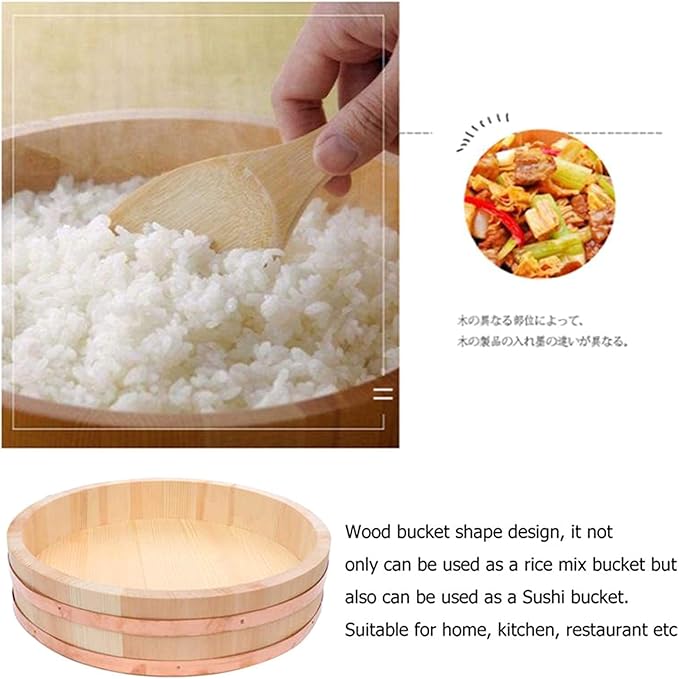 30cm/11.8Inch Wooden Sushi Rice Bowl - Home Kitchen Hangiri Sushi Oke Rice Mixing Tub with Copper Banding for Sushi Restaurant