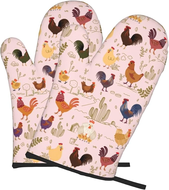 Chicken Pattern Oven Mitts of 2-Pack Set, Funny Kitchen Gloves Heat Resistant Non-Slip Kitchen Mitts Safe Cooking Baking Grilling