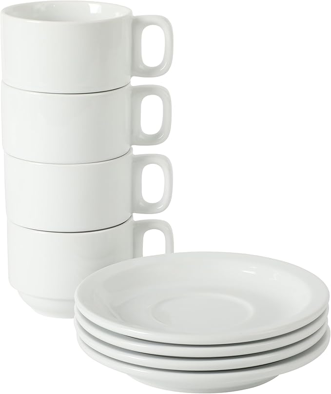 Gibson Home Gracious Dining 7-Ounce Cappuccino Cups Set of 4, Stackable Coffee Cups with 4 Saucers, Metal Stand, Coffee Mugs for Latte, Café, Mocha, Tea