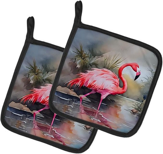 Caroline's Treasures Flamingo Pair of Pot Holders Kitchen Heat Resistant Pot Holders Sets Oven Hot Pads for Cooking Baking BBQ, 7 1/2 x 7 1/2