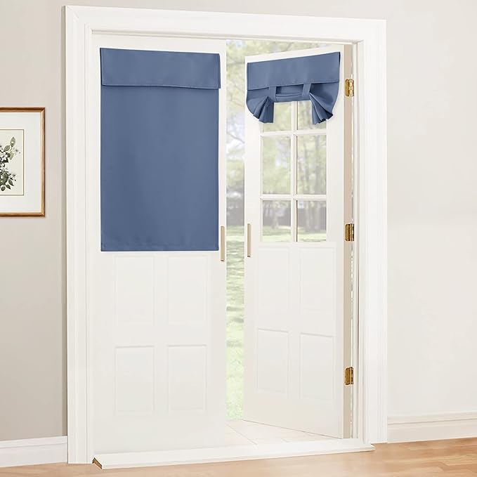 RYB HOME Blackout Door Curtain - Privacy Thermal Insulated Front/Tricia/Patio French Door Window Curtains Sidelight Curtain Tie up Shade, W34 x L40 inch, 1 Panel, Stone Blue