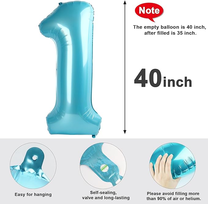 Number Balloons 1, 40 Inch One Balloons for 1st Birthday Girl Boy 1 11 21 Party Decorations Baby Shower Photo Shoot, Pastel Blue 1 Balloon