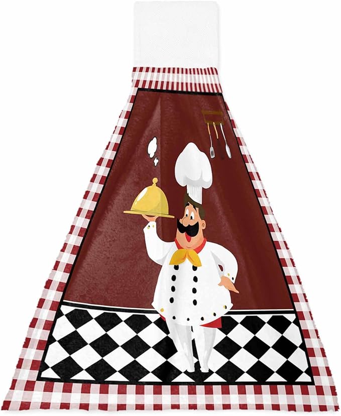 Alandar Home Kitchen Tie Towel Set of 1, Funny Chef Kitchen Tableware Absorbent Soft Hand Towels for Bathroom Hanging Towels, Burgundy Red Black Lattice Fast Drying Cleaning Cloth with Loop