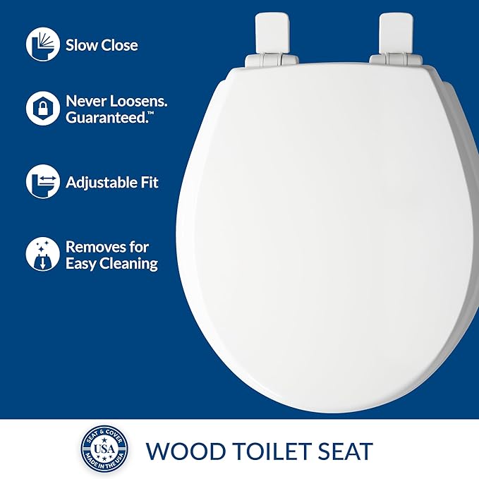 Mayfair Cassel Slow Close Toilet Seat, Easy Clean, Non Slip Premium Wood Seat, Easy Install, Made in USA, Round, White, 4-Pack