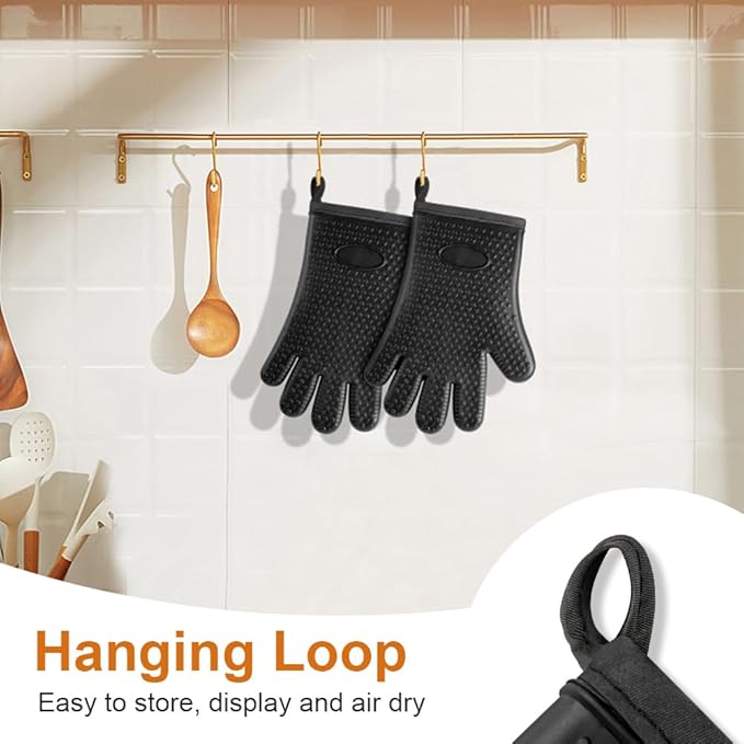 AUAUY Oven Mitts with 2 Pot Holders, Silicone Oven Gloves Heat Resistant 464°F, BBQ Gloves with Fingers, Non-Slip Oven Gloves, Cooking Gloves for Grilling Kitchen Baking Oven Microwave, Black