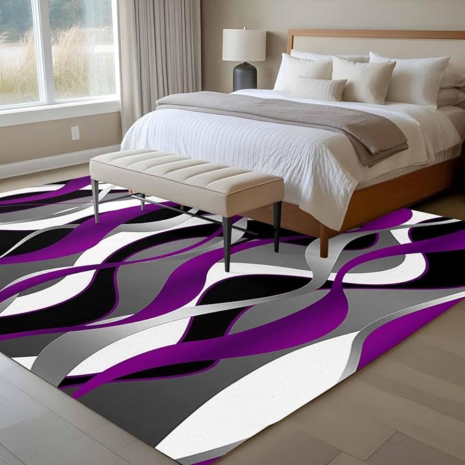 Area Rug 6x9ft, Abstract Purple Gray Black White Stripes Washable Rugs for Living Room Bedroom, Modern Lines Soft Non-Slip Area Rugs Rectangle Floor Carpet for Dining Room