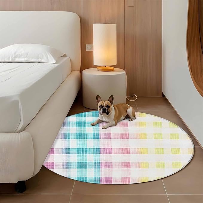 Washable Round Area Rug Easter Red Yellow Blue Stripes Circle Rugs Floor Carpet for Living Room Bedroom, Abstract Buffalo Plaid Soft Non Slip Round Rug 3ft