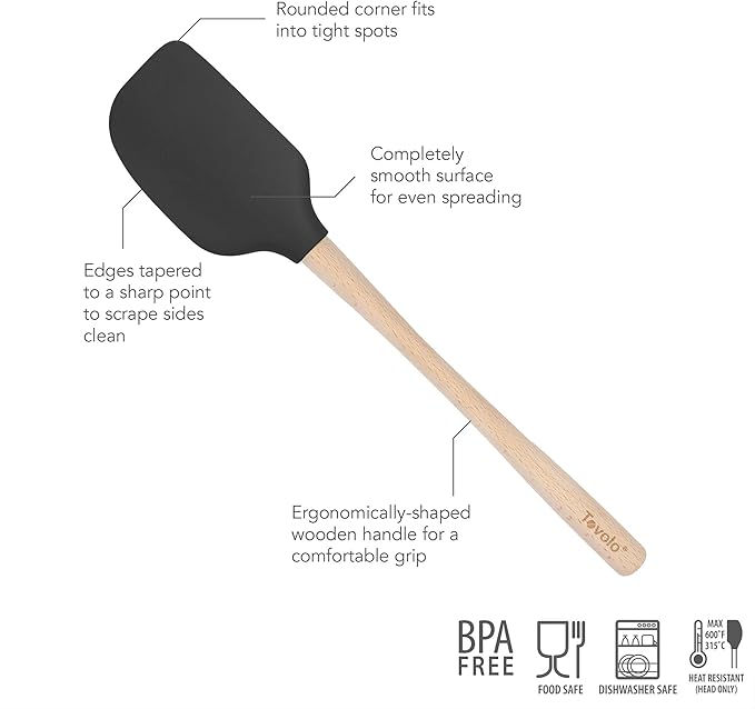 Tovolo Silicone Spatula Wooden Handle for Cooking Baking Mixing, Heat Resistant Food Safe BPA Free Flexible Silicone Baking Spatula with Wood Handles Kitchen Utensils Nonstick Safe, Black