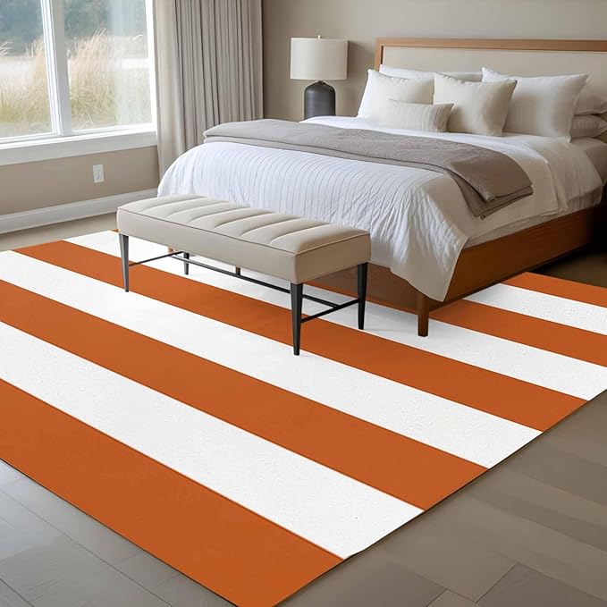 Area Rug 6x9ft, Farmhouse Classic Stripes Washable Rugs for Living Room Bedroom, Orange White Soft Non-Slip Area Rugs Rectangle Floor Carpet for Dining Room