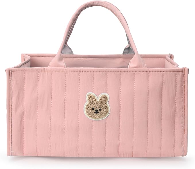 Quilted Fabric Storage Basket Floral Baby Diaper Caddy Quilted Basket for Nursery Bedroom Car Storage (L- Pink Bear)