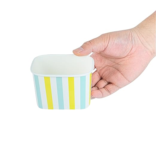 Restaurantware Paper Cups 200 Count 12 Ounce Square Disposable Ice Cream Containers, Leak-Resistant Paper Dessert To Go Cups, Hot And Cold Food, Durable Blue And Green Stripe Design