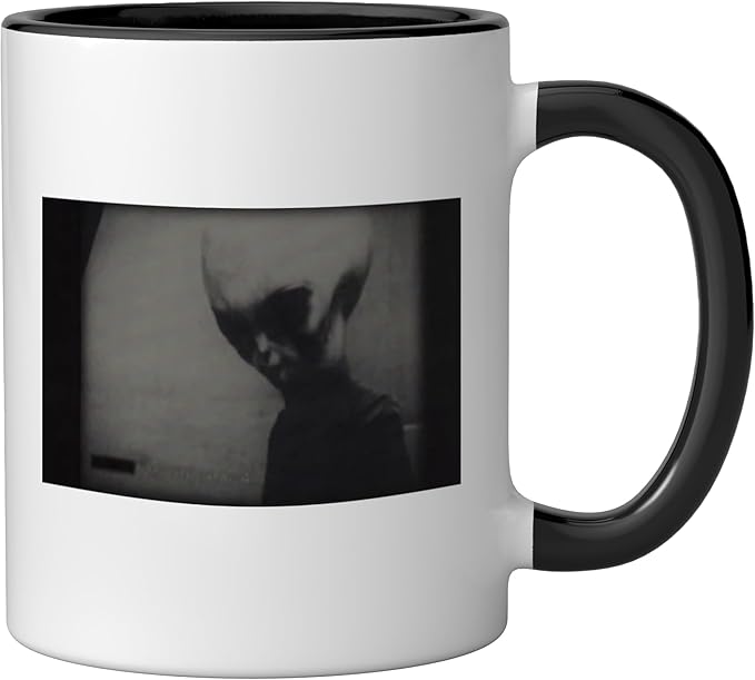 Skinny Bob Alien 1961 KGB Video Real Alien Grey Ceramic Mug, Black/White