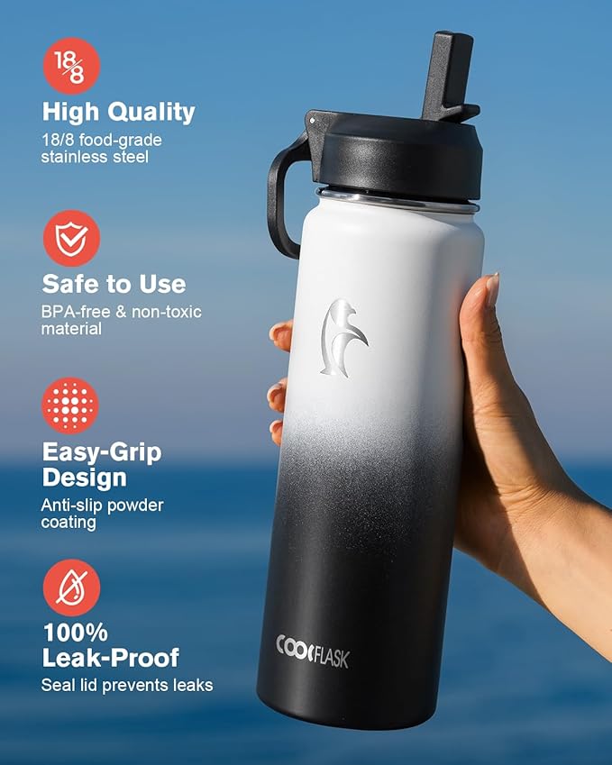 Coolflask Water Bottle 24 oz Insulated with Straw, Stainless Steel Metal 3 Lids Water Flask Wide Mouth for Sports or Office, Non-BPA Keep Cold Up to 48 Hrs or Hot Up to 24 Hrs, White & Black