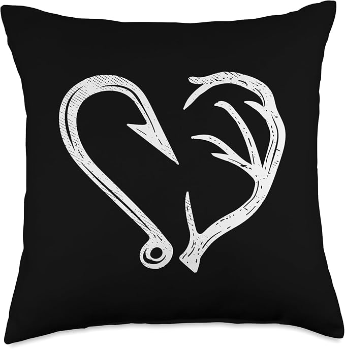 Hook Antler Heart Love Fishing Hunting Fish Deer Hunter Gift Throw Pillow