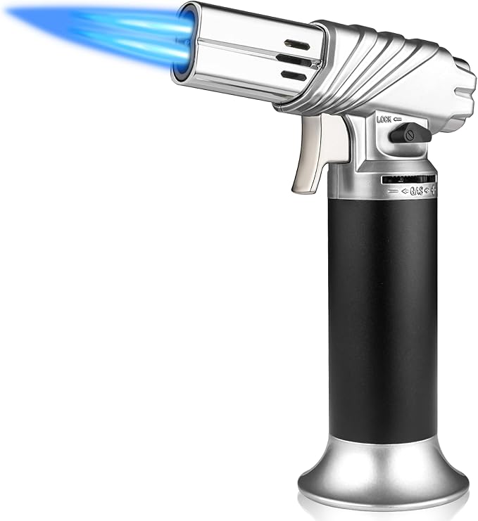 mollie Mini Butane Torch Lighter with Adjustable Flame, Small Refillable Kitchen Cooking Blow Torch for Creme Brulee, Windproof Baking Torch with Safety Lock, Silver (Butane Gas Not Included)