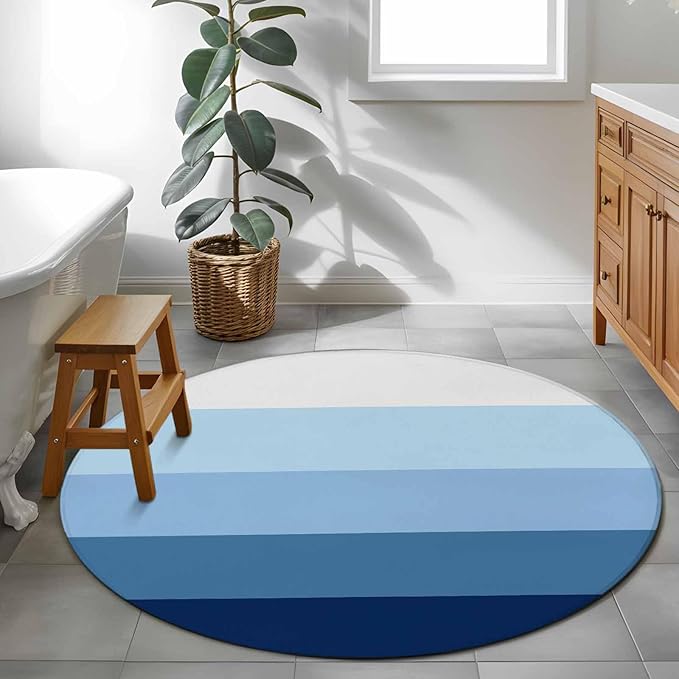 Washable Round Area Rug Minimalist Blue White Ombre Stripe Circle Rugs Floor Carpet for Living Room Bedroom, Modern Gradient Art Soft Non Slip Round Rug 4ft