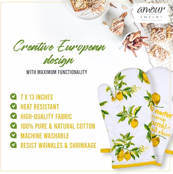 AMOUR INFINI Oven Mitts Set of 1 Quilted Liner with Hanging Loop Non Slip, Heat Resistant, Washable Reusable Oven Mitt (Citrus Splash 7x13 Inches)
