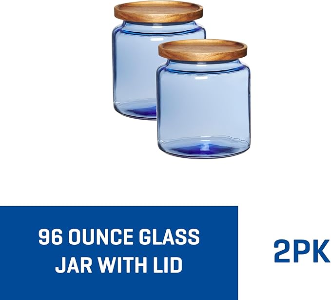 Anchor Hocking Coastal Blue Montana Jar set with lids (2-piece, 96-ounces, acacia wood lid)