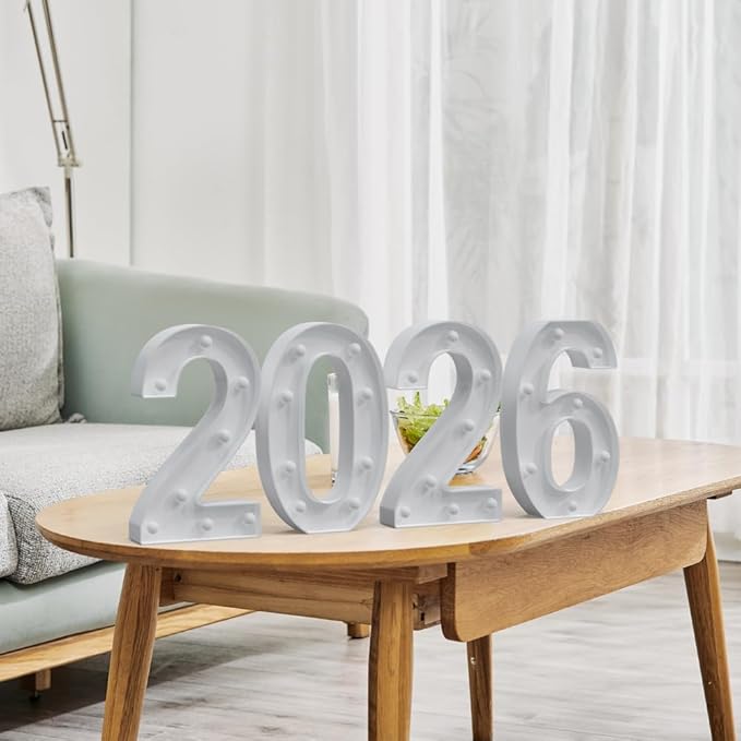 Marquee Numbers 2026 Light up Numbers 2026 Marquee Number for New Year Decorations Battery Powered LED Light White Plastic Number Sign for Happy New Year Graduation Engagement Wedding Birthday Decor