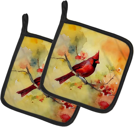 Caroline's Treasures Cardinal Pair of Pot Holders Kitchen Heat Resistant Pot Holders Sets Oven Hot Pads for Cooking Baking BBQ, 7 1/2 x 7 1/2
