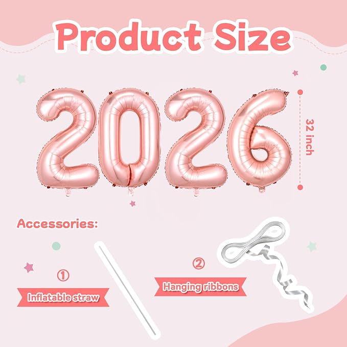 Rose Gold 2026 Balloons, Large 32 Inch Foil 2026 Number Balloons, Grad Balloons for Class of 2026 Graduation Party, Rose Gold Matellic Foil New Year Birthday Home Office Party Supplies