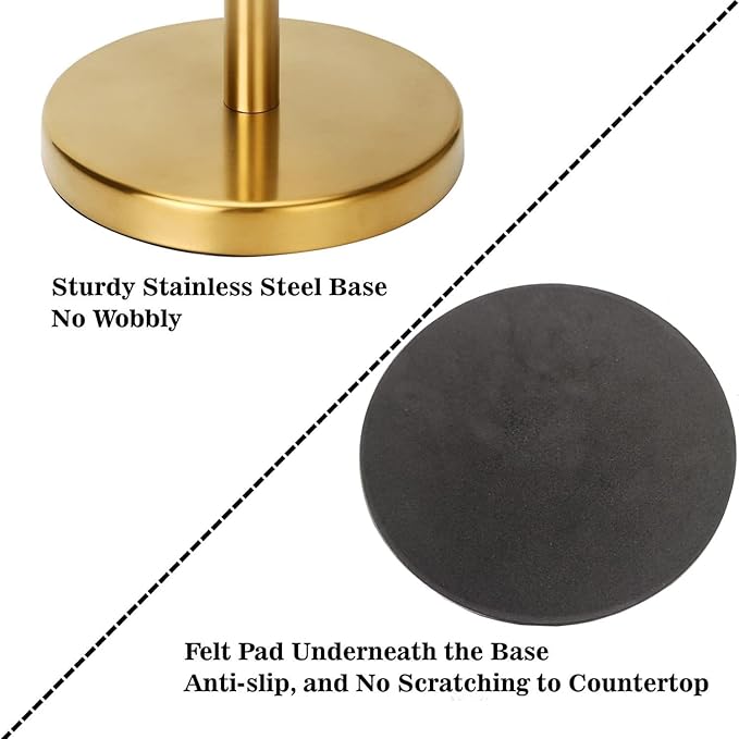 Paper Towel Holder Countertop, Brushed Gold Paper Towel Holder Stand Papertowel Holder with Stable Weighted Base, Free Standing Paper Towel Roll Holder for Kitchen Bathroom