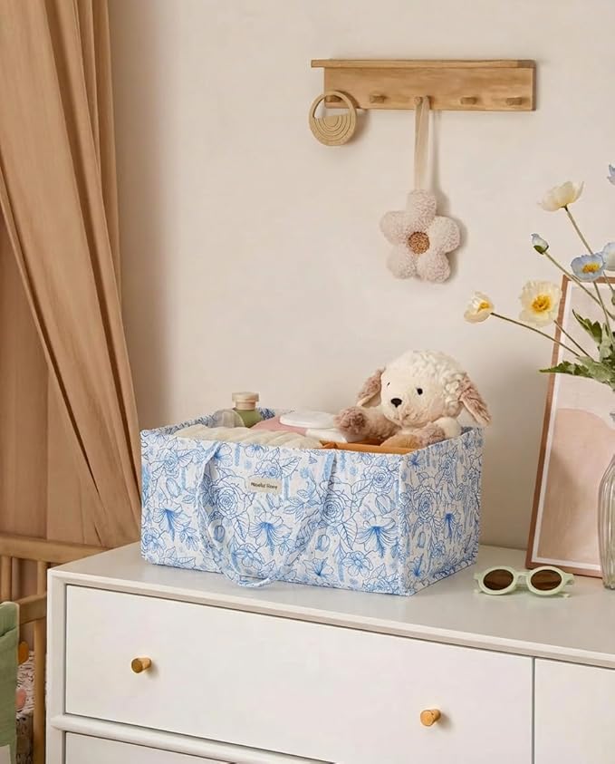 Quilted Fabric Storage Basket Floral Baby Diaper Caddy Quilted Basket Organizer for Newborn Nursery Bedroom Car Storage