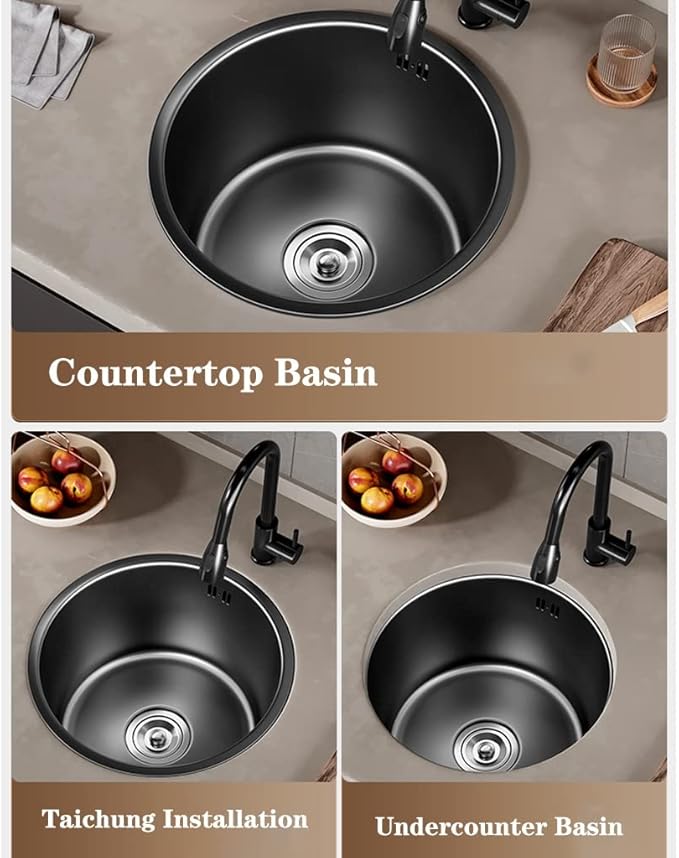 Single Bowl Black Mini Round Sink Single Bowl Sink 304 Stainless Steel Small Bar Balcony Kitchen Sink Under Counter Sink Space Saving (Black 32 * 32 * 18cm)