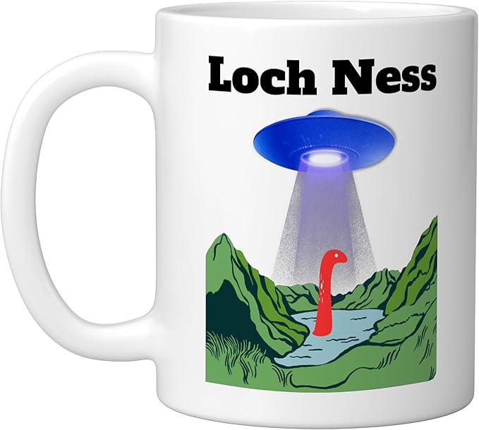 Funny UFO Loch Ness flying saucer Monster Nessie Scotland Ceramic Mug, White
