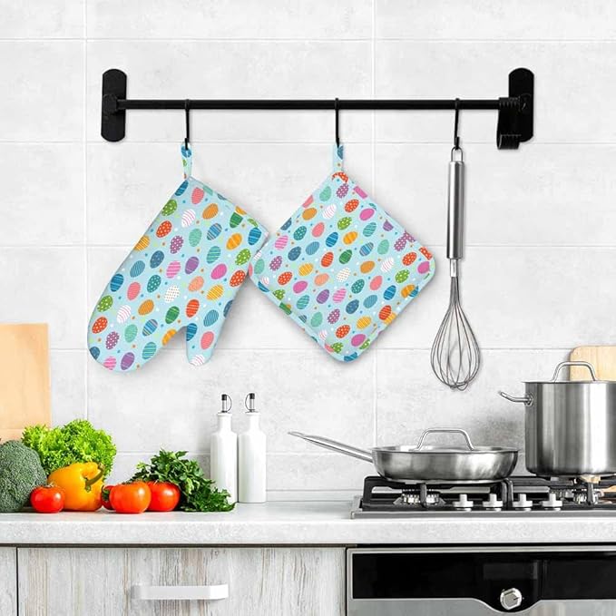Mxocom Easter Eggs Oven Mitt and Pot Holder with Silicone Easter Colored Eggs on Blue Background Heat Resistant Kitchen for Cooking BBQ Baking Grilling Spring/Summer