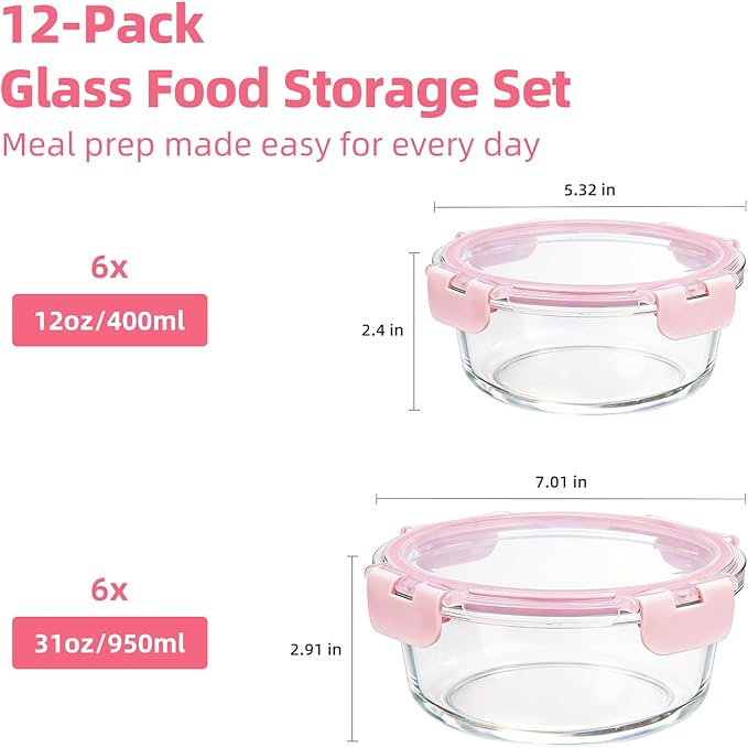 Konokyo Round Glass Food Storage Containers with Lids, 12 Pack Airtight Leakproof Meal Prep Containers, BPA-Free, Microwave Oven Freezer & Dishwasher Safe, Assorted Sizes