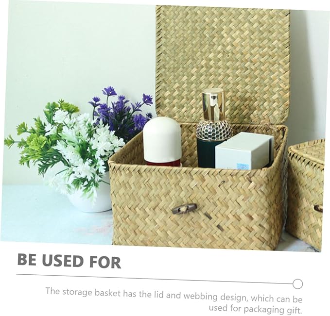 IMIKEYA 1Pc Natural Woven Storage Box with Lid Multi Functional present Holding Basket for Home Decor for Organizing Bedroom Stylish