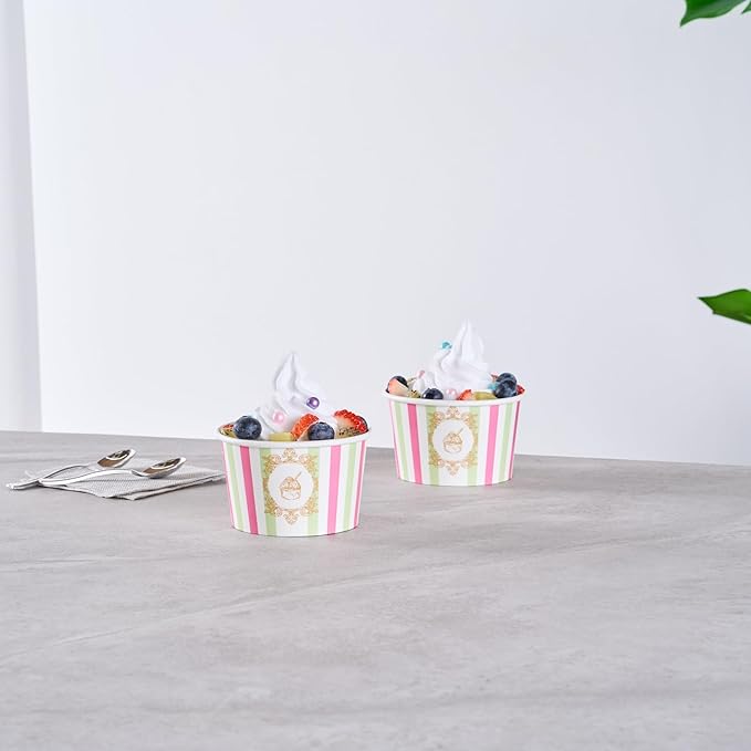Coppetta 8 Ounce Dessert Cups, 50 Greaseproof Ice Cream Cups - Lids Sold Separately, For Hot And Cold Foods, Green And Pink Stripe Paper Yogurt Bowls, Disposable, Sturdy - Restaurantware