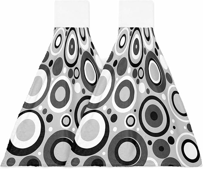 Alandar Home Kitchen Tie Towel Set of 2, Modern Circle Gray Black White Absorbent Soft Hand Towels for Bathroom Hanging Towels, Abstract Geometric Art Fast Drying Cleaning Cloth with Loop