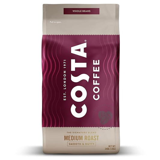 Costa Coffee Whole Bean Coffee, Signature Blend Medium Roast 12 Oz Bag for Espresso, Drip & Pour Over, Smooth & Nutty, Slow Roasted 100% Arabica Beans