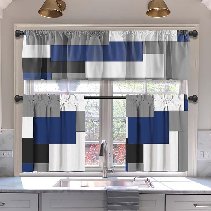 MCALK Navy Blue Blackout Kitchen Curtains Tiers and Valances Set 3 Piece for Windows Grey and Black Kitchen Window Curtains Set,White Modern Abstract Art Valances for Living Room(36" Tiers Set)
