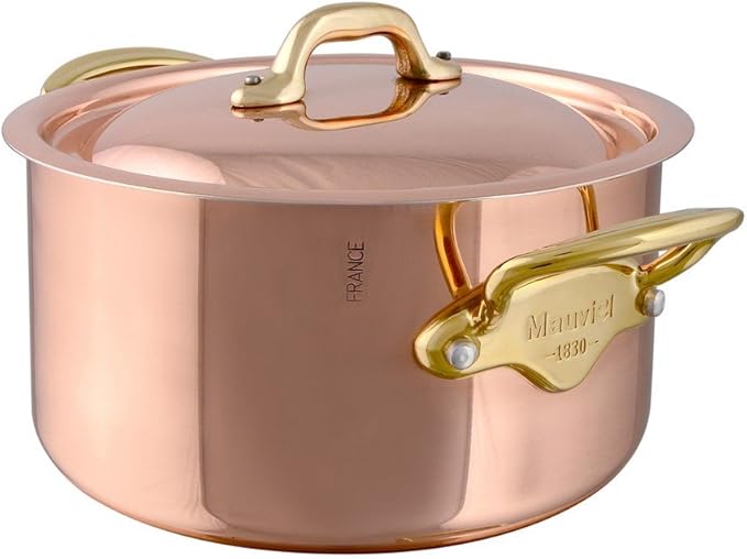 Mauviel M'Heritage 150 B 1.5mm Polished Copper & Stainless Steel Stewpan With Lid, And Brass Handles, 0.9-qt, Made in France