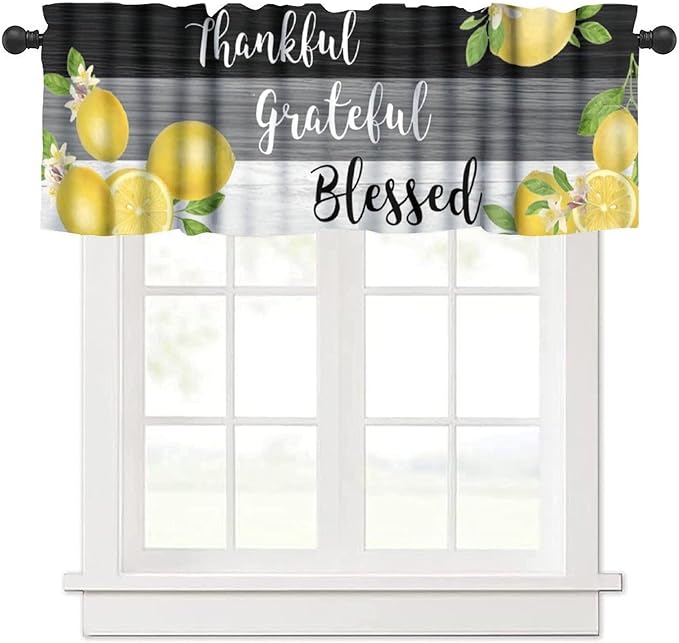 Lemon Fruit Kitchen Curtain Valance, Yellow Fruits Blessed Black Grey Wooden Farmhouse Rod Pocket Short Window Treatment for Dining Bedroom Living Room Cafe Home Decor, 54x18Inch