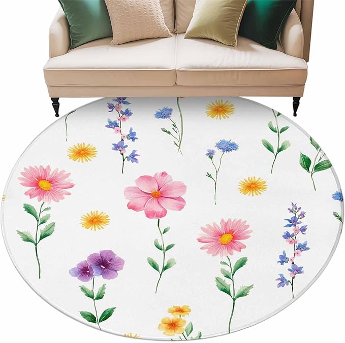 Washable Round Area Rug Watercolor Farmhouse Flower Circle Rugs Floor Carpet for Living Room Bedroom, Yellow Pink Purple Blue Floral Soft Non Slip Round Rug 5ft