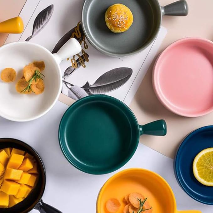 Fruit Plate Round Ceramics Baking Plate Household Handle Baking Tray Salad Plate Kitchen Supplies