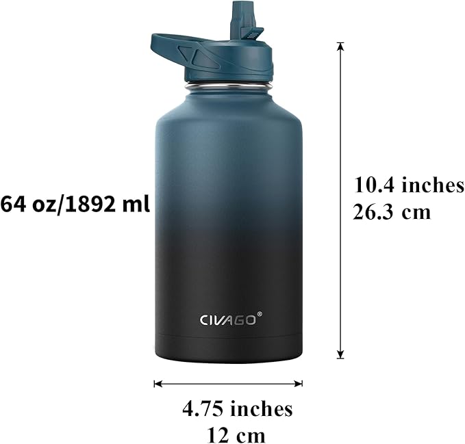 CIVAGO 64 oz Insulated Water Bottle With Straw, Half Gallon Stainless Steel Sports Water Flask Jug with 3 Lids (Straw, Spout and Handle Lid), Large Metal Thermal Cup Mug, Navy Blue