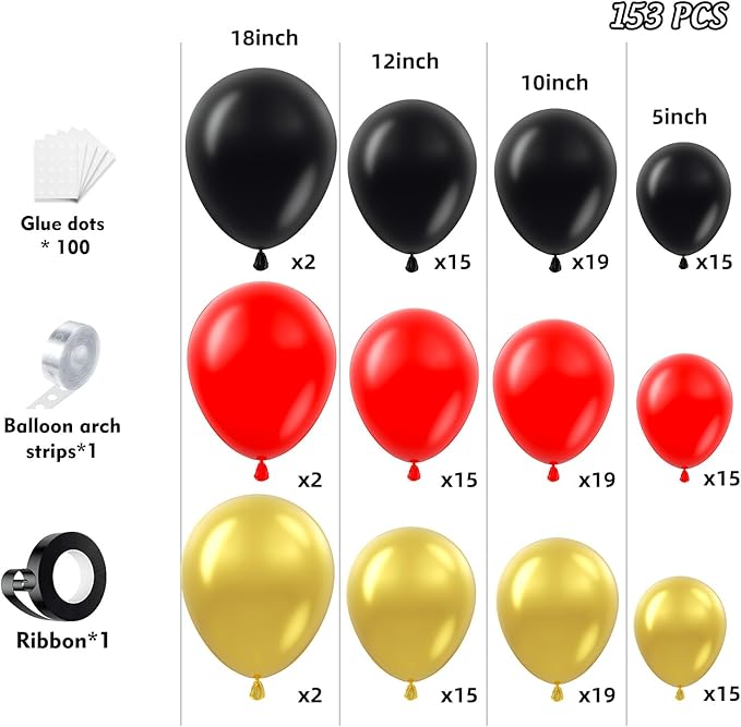 153Pcs Red and Black Gold Balloons Garland Arch Kit - 18 12 10 5 inch Different Size Black and Red Metallic Gold Balloons for Casino Anniversary Night Hollywood Movie Night Party Decorations
