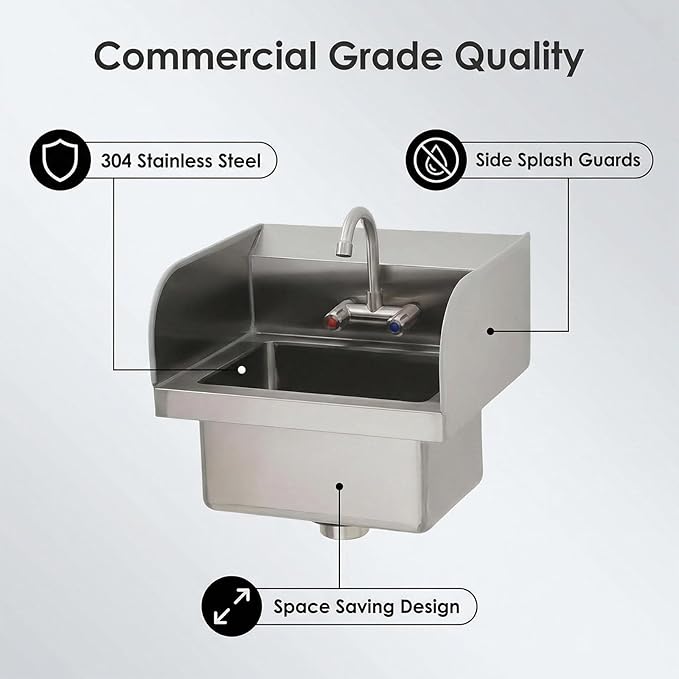 GarveeTech Commercial Stainless Steel Hand Wash Sink with Side Splash Guards, Small Wall Mount or Drop-In Handwashing Basin, 360° Swivel Faucet & Drain Kit for Restaurant Kitchen Bar Garage