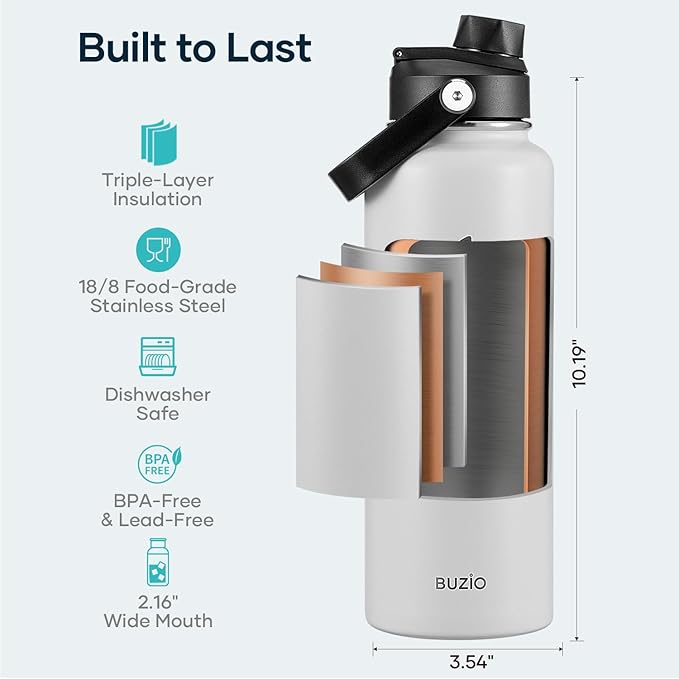 BUZIO 40 oz Water Bottle Insulated, Triple Wall Vacuum Stainless Steel Flask (Cold for 48 Hrs), Leakproof BPA-Free Wide Mouth Metal Jug Hydro Canteen with 2 Lids, White