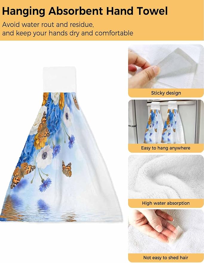Alandar Home Kitchen Tie Towel Set of 2, Watercolor Embroidered Balls White Daisy Absorbent Soft Hand Towels for Bathroom Hanging Towels, Flower Butterflies Fast Drying Cleaning Cloth with Loop